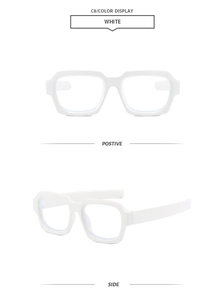Vorder- und Seitenansicht der stilvollen weißen Brille mit dickem quadratischem Rahmen