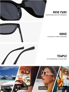 Detail of nose pads, reinforced hinges and temples on stylish square frame sunglasses