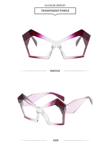 Vue détaillée des lunettes de soleil géométriques violettes transparentes avec monture polygone