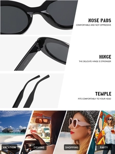 Detail view of oval frame sunglasses hinges and nose pads with multi-scenario usage scenes