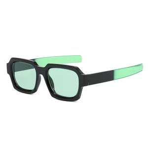 Retro square sunglasses with thick black frames and light green transparent lenses