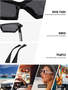Détails des plaquettes, charnières et branches de lunettes de soleil géométriques