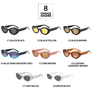 Detailed catalog of 8 cat-eye sunglasses colors from black to floral print frames