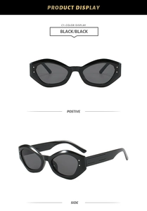 Front and side view of trendy black geometric cat eye sunglasses with UV protection
