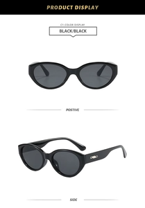 Detailansicht der schwarzen Cat-Eye-Sonnenbrille mit poliertem Rahmen und Silberakzenten