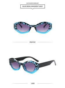 Front and side views of cat eye sunglasses in blue demi frame with gradient grey lenses