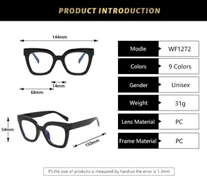 Detailed sizing chart and specifications for oversized square frame unisex glasses