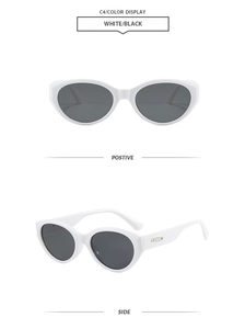 Vorder- und Seitenansicht der weißen Cat-Eye-Sonnenbrille mit dunklen Gläsern und Akzenten