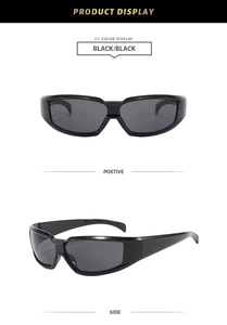 Close-up of sleek black wrap-around sports sunglasses with streamlined aerodynamic frames