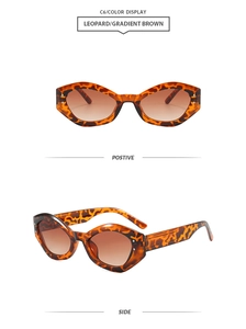Detail view of leopard cat-eye sunglasses showing gradient brown lenses and silver rivets