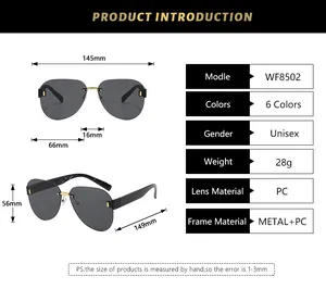 Detailed size specifications for vintage rimless pilot sunglasses with metal frame