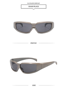 Front and side views of futuristic khaki wrap around sports sunglasses with black lenses
