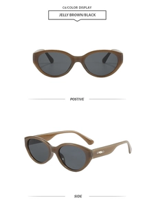 Detailansicht der Retro-Cat-Eye-Sonnenbrille in Geleebraun und Schwarz mit Metallakzenten