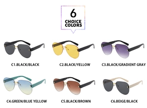 Detailed view of six rimless aviator sunglasses with gradient lenses and textured temples