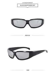 Close-up of sporty black wraparound sunglasses with silver mirrored lenses from multiple angles