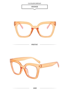 Detail view of orange transparent square glasses showing front and side profile display