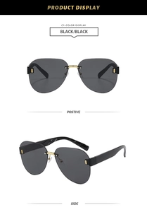 Positive and side views of rimless pilot sunglasses with black lenses and gold bridge