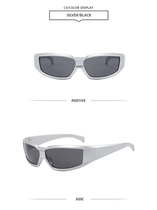 Front and side views of futuristic silver streamlined sports sunglasses with black lenses