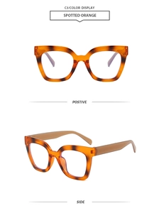 Detailed views of retro spotted orange square frames with matte brown temples