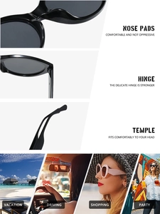 Detailansicht der Nasenpads und Scharniere an der schwarzen Cat-Eye-Sonnenbrille