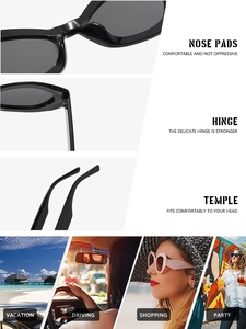 Detailed views of cat eye sunglasses showing nose pads, hinge, and temple components