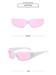 Detailed views of white Y2K sports sunglasses with pink lenses from front and side angles