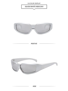 Front and side view of silver futuristic sports sunglasses with mercury lenses