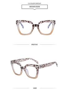 Detail view of large square frame glasses in brown demi tortoise shell pattern