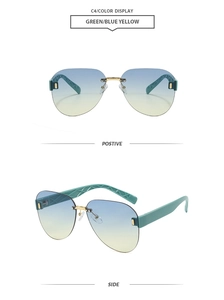 Detail of rimless aviator sunglasses with blue-yellow gradient lenses and green temples