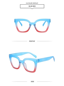 Front and 45-degree side views of blue and red gradient square oversized glasses frames