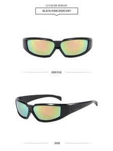 Close-up of sporty black full frame sunglasses with pink mercury lenses from two angles