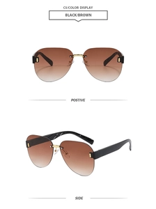 Close-up views showing brown gradient lenses and gold bridge of rimless sunglasses