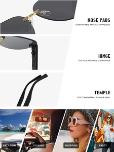 Detail of adjustable nose pads and reinforced hinges on rimless pilot sunglasses