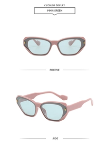 Detailed front and side views of pink cat-eye sunglasses with light blue lenses