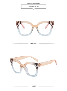 Macro view of brown blue gradient cat-eye glasses frame with stylish leopard pattern