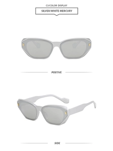 Detailed views of silver square sunglasses showing front and side metal accents