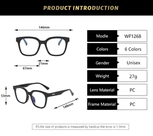 Detailed size chart for square frame glasses including frame width, lens height, and model specs
