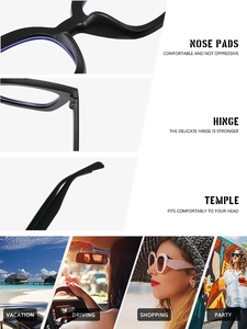 Detail of square frame glasses showing integrated nose pads and sturdy metal hinges