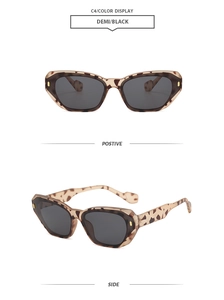 Detail view of demi leopard print square sunglasses with black lenses from two angles
