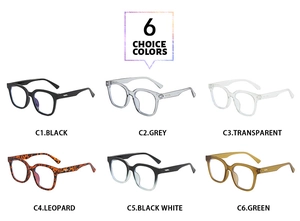 Detailed grid showing six stylish square frame glasses in varied colors and textures