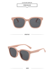 Detailansicht der rosa eckigen Sonnenbrille mit schwarzen Gläsern und Metallgelenk