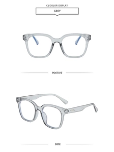 Detail view of square grey translucent glasses frame with anti-blue light lenses