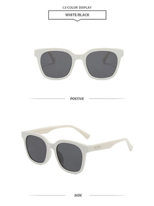 Detailansicht der weißen rechteckigen Sonnenbrille mit dunklen Gläsern und breiten Bügeln