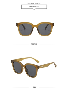 Front- und Seitenansicht der quadratischen Sonnenbrille mit grünem Rahmen und grauen Gläsern
