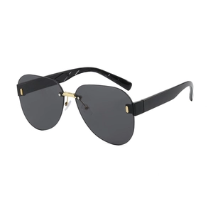 Classic rimless aviator sunglasses with dark grey lenses and gold metal nose bridge