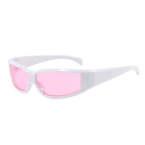 Retro Y2K futuristic sports sunglasses with white wrap frame and pink lenses for outdoors