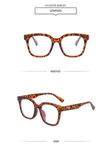 Detailed views of leopard print square oversized eyewear frame with metal temple accents
