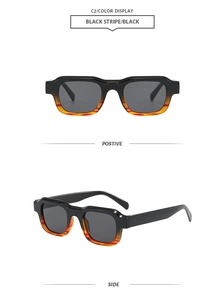 Detailansicht der markanten rechteckigen Sonnenbrille in Schwarz-Orange gestreiftem Design