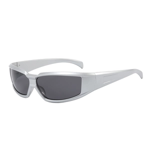 Modern futuristic silver sports sunglasses with wraparound frames and grey tinted lenses