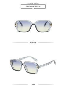 Détail de lunettes de soleil carrées avec monture grise transparente et verres dégradés